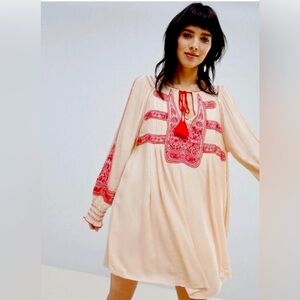 Free People Wind Willow Cream Red Embroidered Tunic Shift Mini Dress Size XS